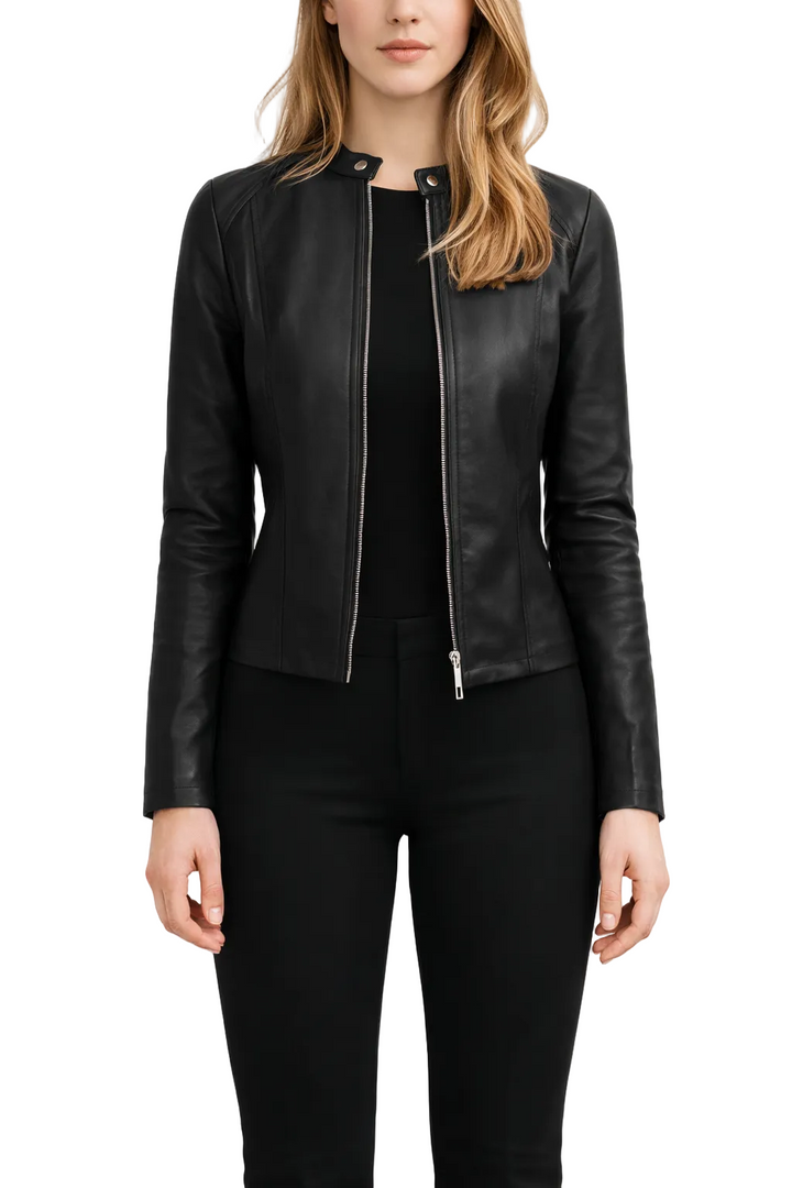 Women's Zip Front Biker Jacket with Stand Collar