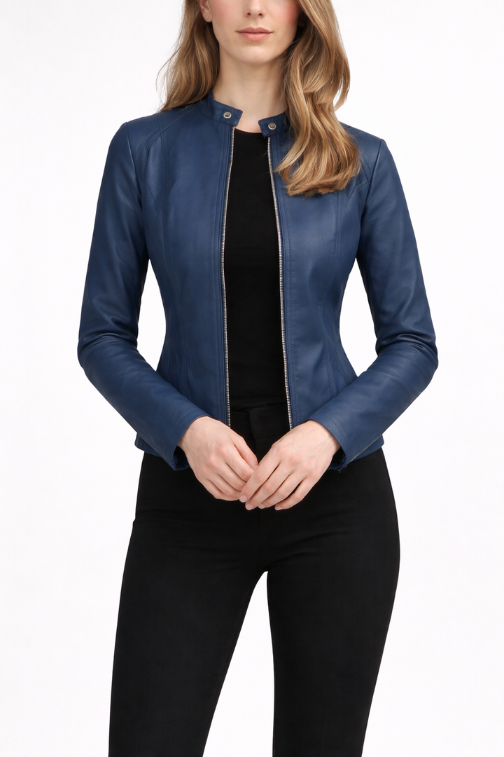 Women's Zip Front Biker Jacket with Stand Collar
