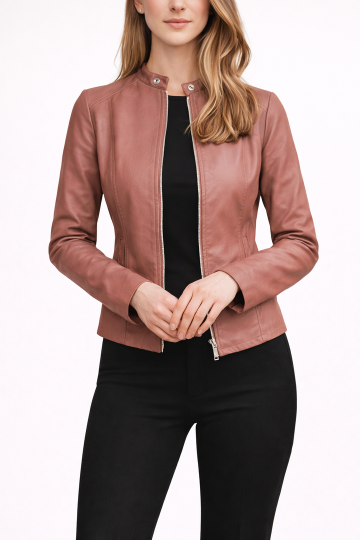 Women's Zip Front Biker Jacket with Stand Collar