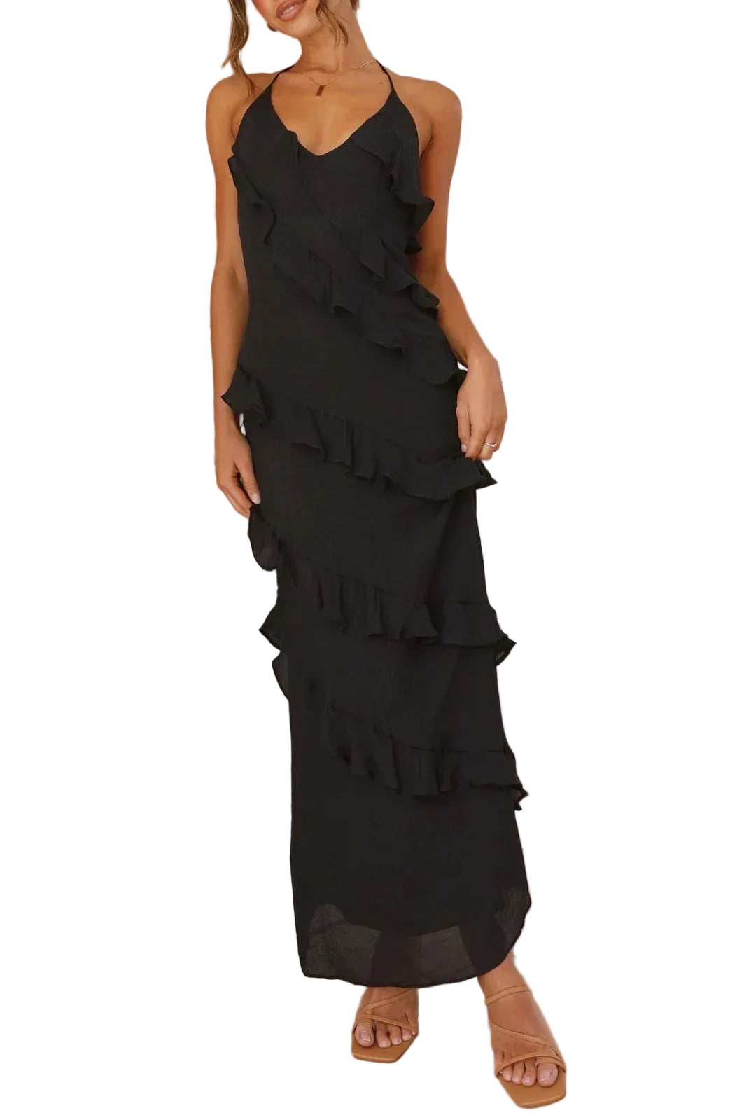 Women’s Halter Neck Ruffle Layered Maxi Dress