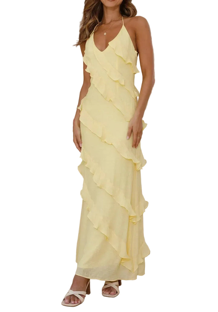 Women’s Halter Neck Ruffle Layered Maxi Dress