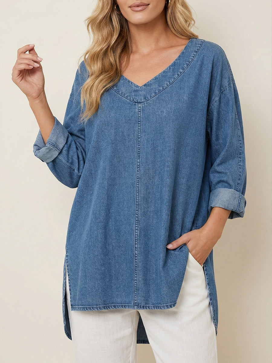 Women's Washed Denim V-Neck Tunic Blouse With Side Slit