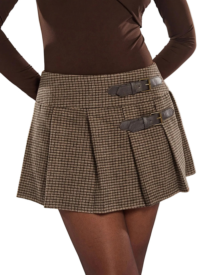 Women’s Checked Mini Skirt with Buckle Straps